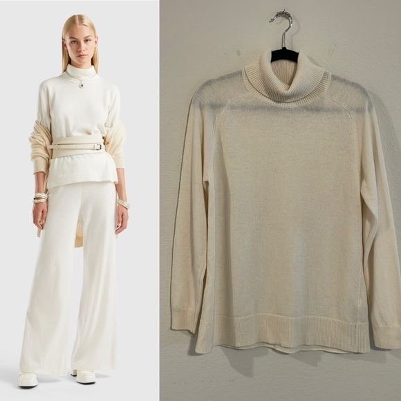 Massimo Dutti Women’s Sweater Large White Cream Wool Cashmere Blend Turtle Neck - Picture 1 of 16